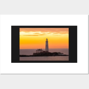 St marys island lighthouse at sunrise Posters and Art